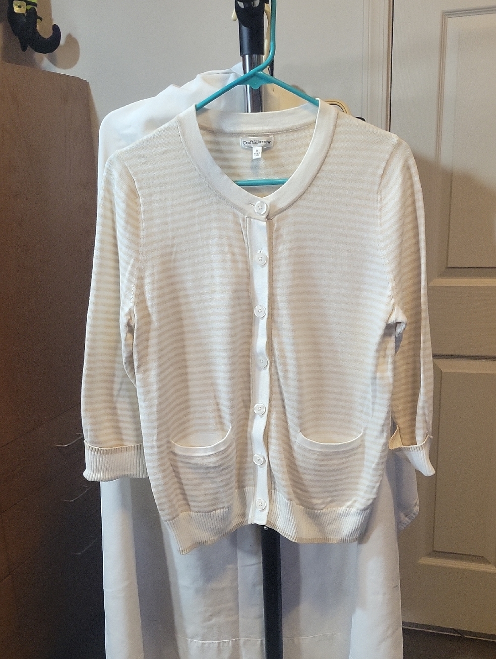 croft & barrow Cream Striped Button-Front Women's Cardigan
